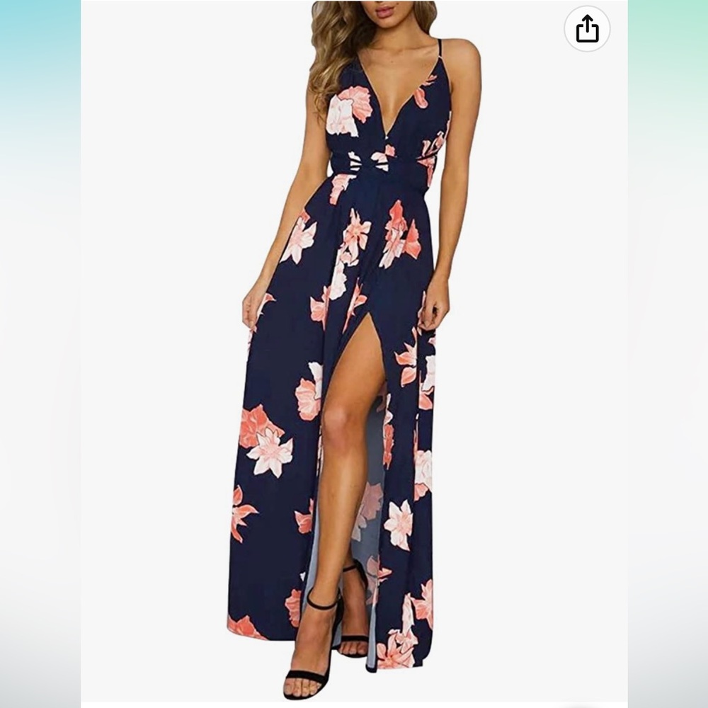 NWOT Sexy Deep V Neck Split Maxi Party Dress - Navy